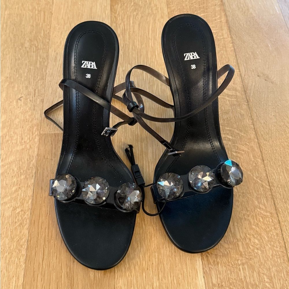 Zara Black Sandals with Crystal Embellishments